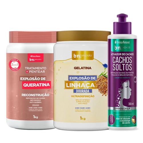 Kit Tratamento Queratina + Gelatina de Linhaça + Ativador Cachos Soltos (3 itens) | bn.Cachos Kit Tratamento Queratina + Gelatina de Linhaça + Ativador Cachos Soltos (3 itens) | bn.Cachos